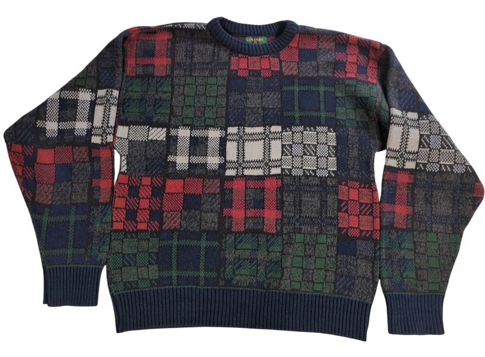 VTG Colours by Alexander Julian Mens Medium Sweater Patchwork Plaid Made USA